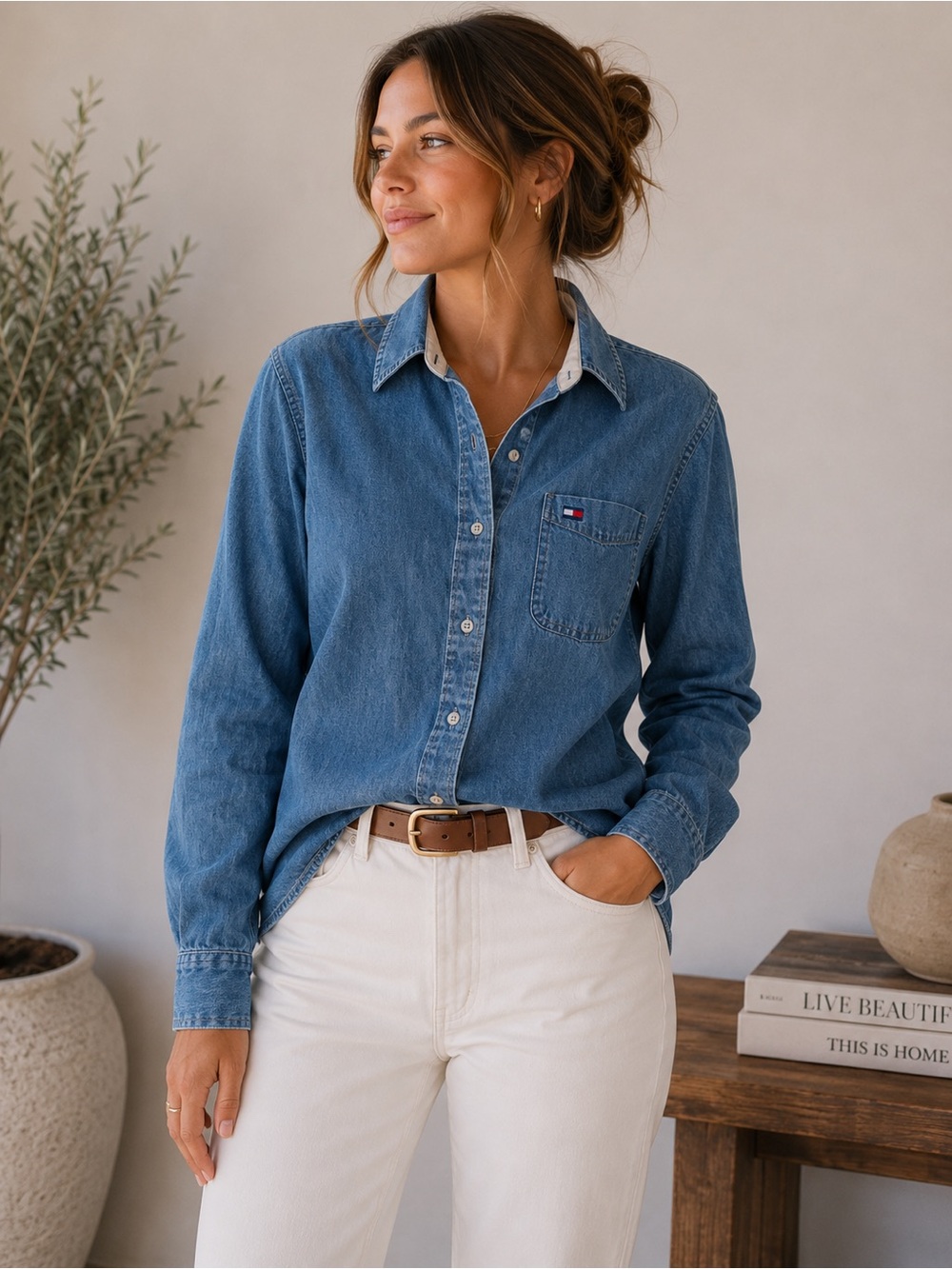 Tommy Hilfiger Blue Denim Shirt Size 12 Y2K 90s Minimalist Classic Preppy